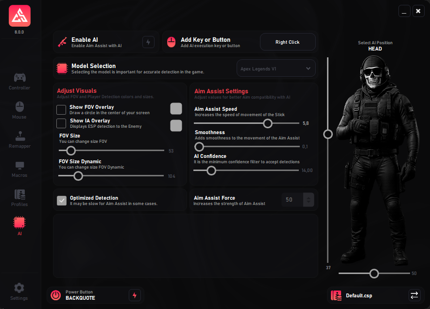 Main interface of the AI aim assistance system